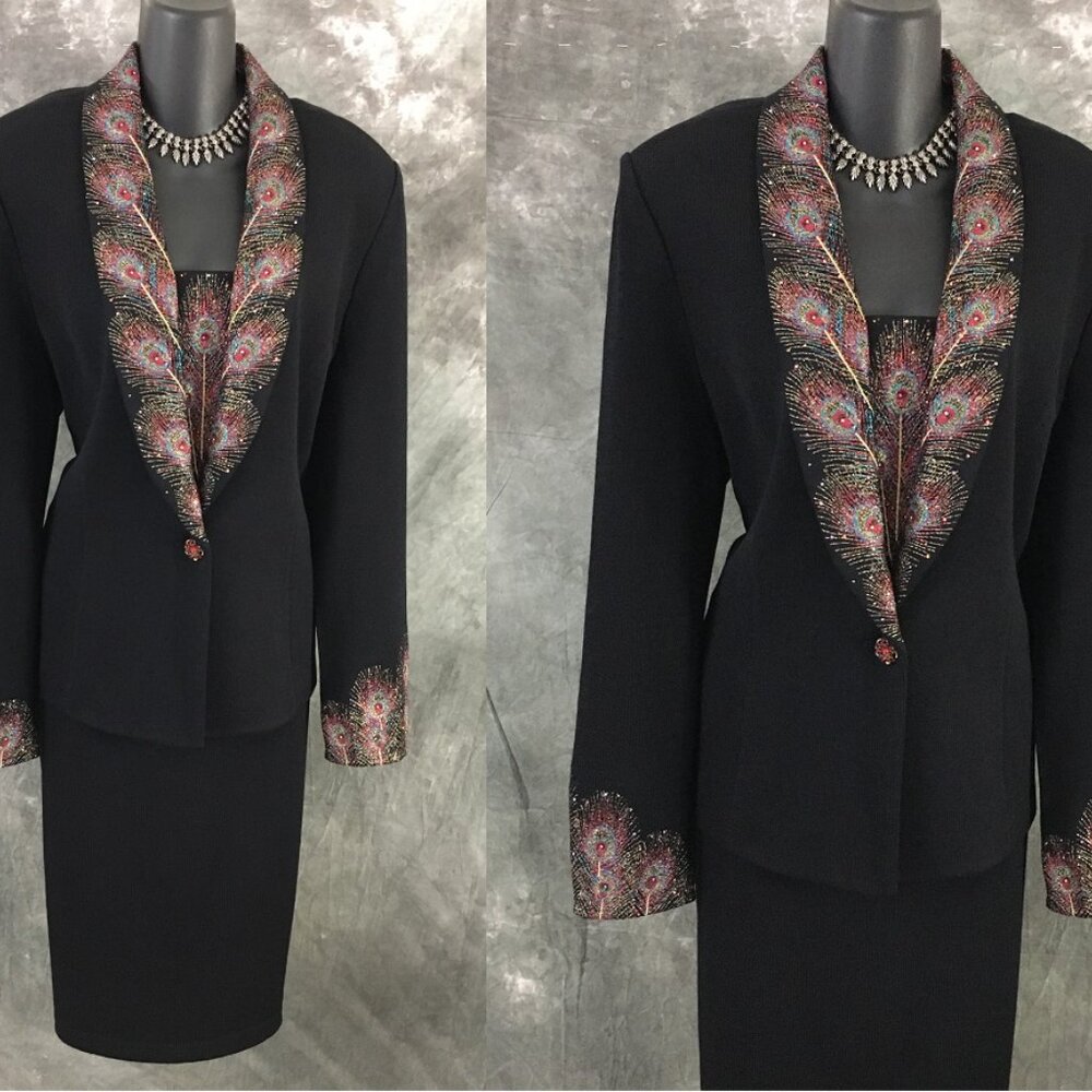 BEAUTIFUL st john evening knit black rhinestones embellished skirt suit 14 16 - Picture 2 of 11